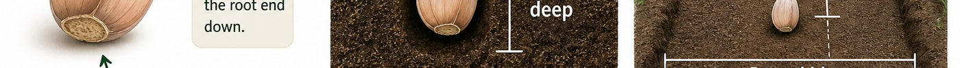 Garlic planting guide showing clove orientation, planting depth 2 to 3 inches, and spacing 6 inches apart