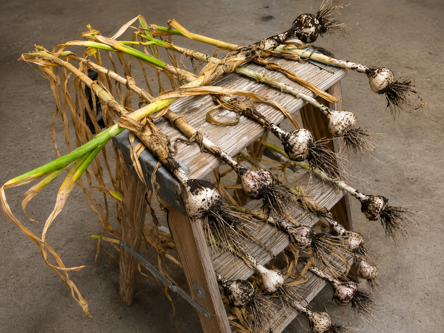 Freshly harvested Music garlic laid across a step ladder to cure — when to harvest garlic in Oregon