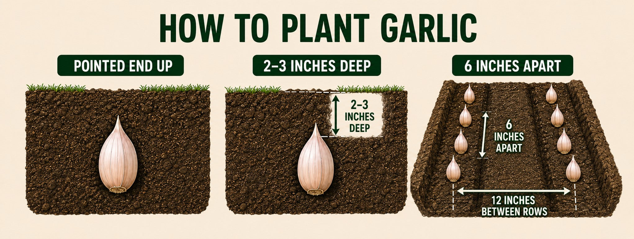 How to plant garlic: pointed end up, 2-3 inches deep, 6 inches apart, 12 inches between rows