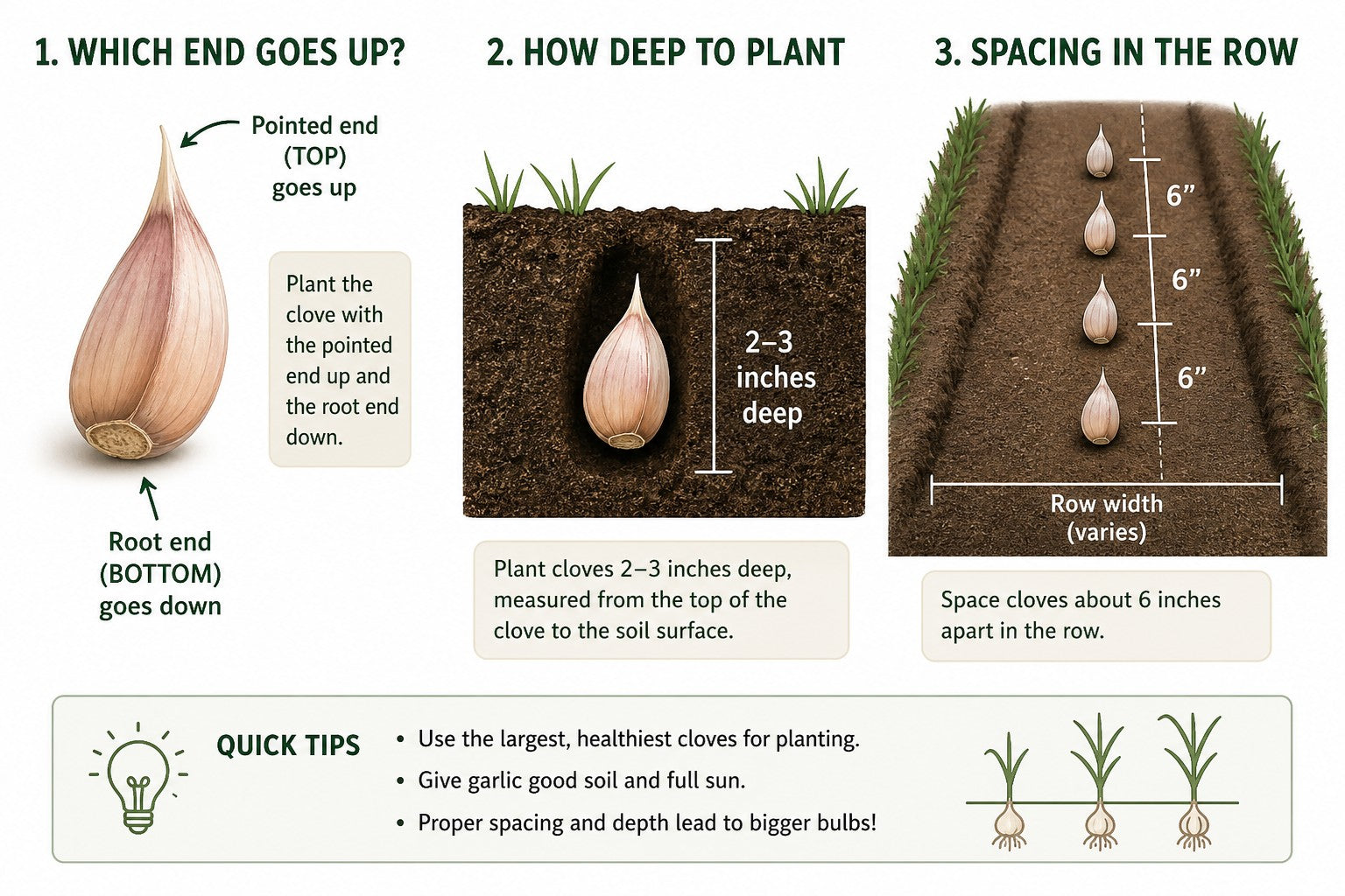 Garlic planting guide showing clove orientation, planting depth 2 to 3 inches, and spacing 6 inches apart