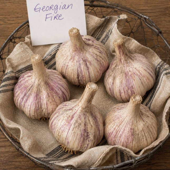 Georgian Fire garlic bulbs in a basket, freshly harvested