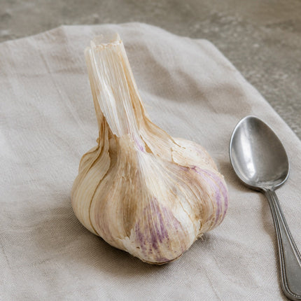 Lorz Italian whole garlic bulb next to a spoon for size reference