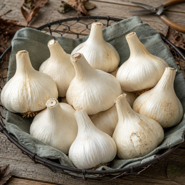 Music garlic bulbs in a basket, Porcelain hardneck seed garlic, Earthwise Garlic